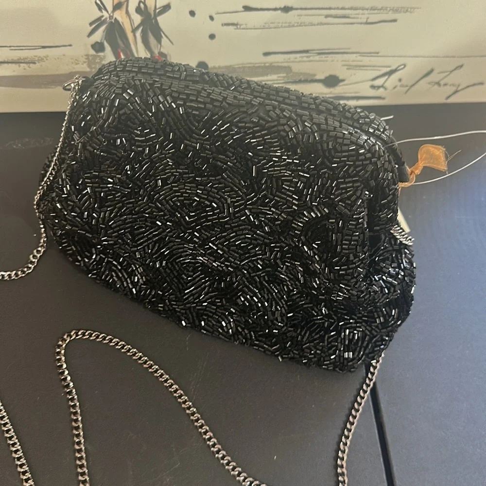 From India to you black beaded clutch with silver chain for crossbody